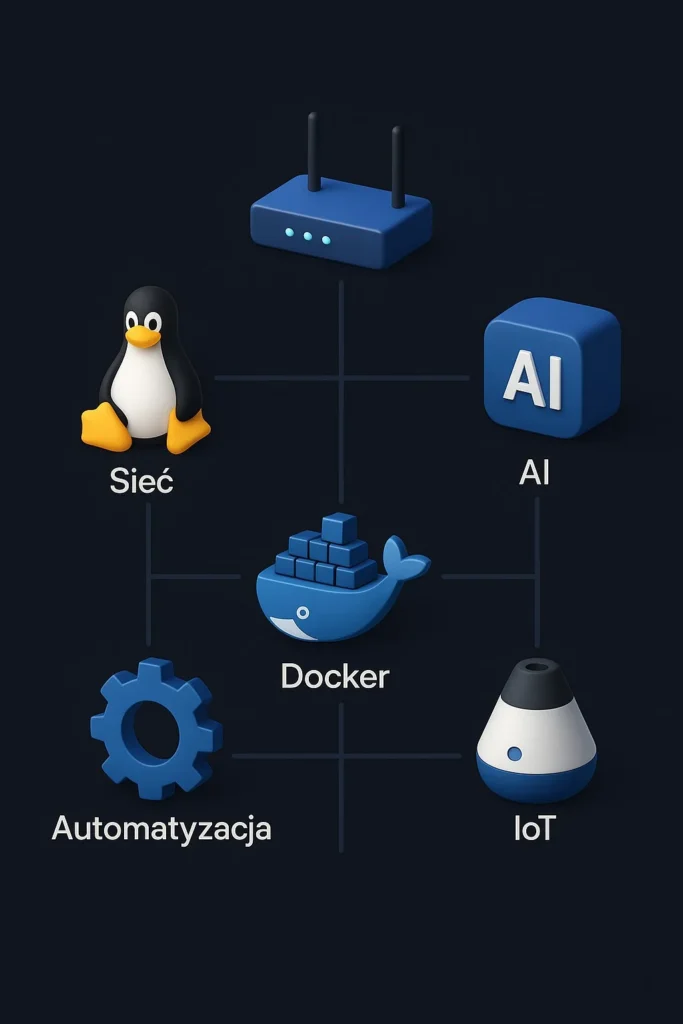 Ikonograficzny stack Master HomeLab: sieć LAN, Linux, Docker, AI, automatyzacja i IoT.
