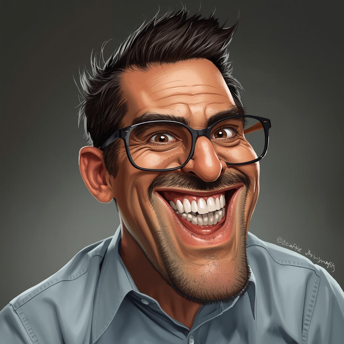 Karykatura mężczyzny w okularach, z szerokim uśmiechem i wyraźnymi rysami twarzy. Stylizacja graficzna nawiązuje do "Artykułów".