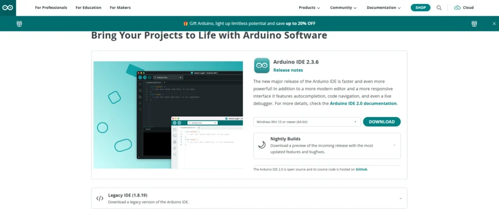Strona Arduino.cc z informacją o nowej wersji Arduino IDE 2.3.6 i przyciskiem pobierania – pierwszy krok w nauce Arduino.