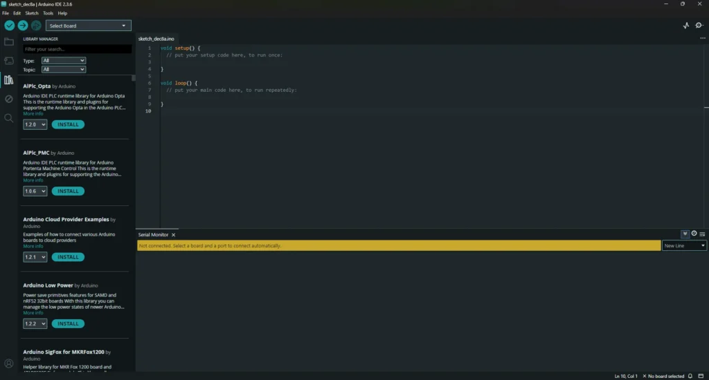 Arduino IDE z otwartym szkicem, menedżerem bibliotek i komunikatem o braku połączenia – przykład środowiska używanego w Tinkercad i Arduino IDE.