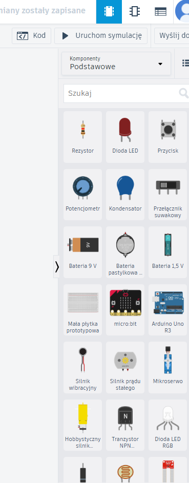 Komponenty w Tinkercad: rezystor, dioda LED, przycisk, potencjometr, kondensator, bateria, płytka prototypowa, micro:bit.