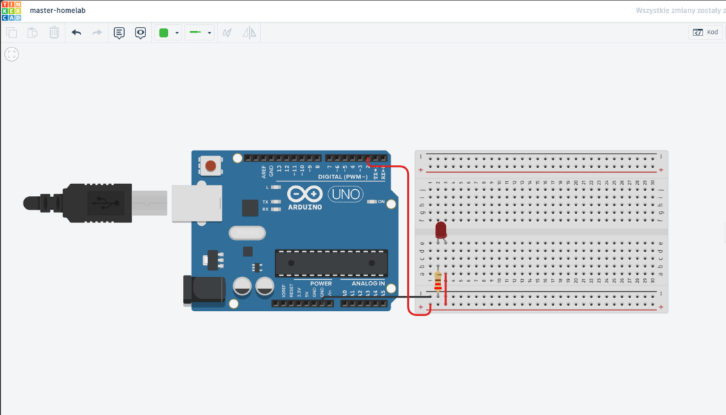 Arduino UNO podłączone do płytki stykowej, symulacja obwodu elektronicznego.