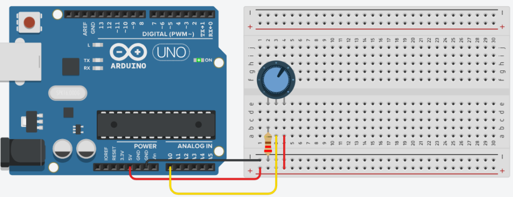 Schemat połączeń z potencjometrem na płytce stykowej. Widoczne piny, zasilanie i połączenia. 