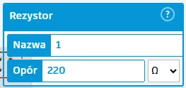 Okno ustawień rezystora w Tinkercad: Nazwa 1, Opór 220 Ω.